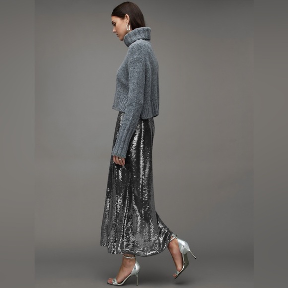New All Saints Opal Sparkle Sequin Midi Skirt City Smoke Grey Small - Picture 4 of 12